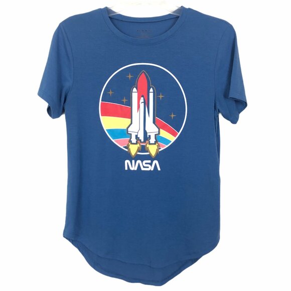 Mad Engine Retro Graphic Tee Womens Sz Medium NASA Space Shuttle Colorful Blue - Picture 1 of 6